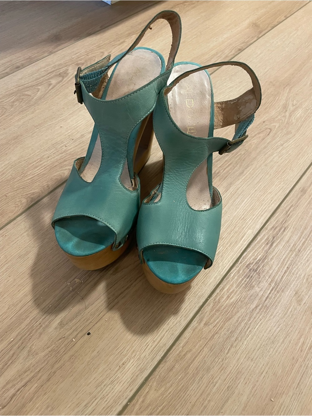 Aldo Teal vintage Platform hollow heel Sandals ankle strap.